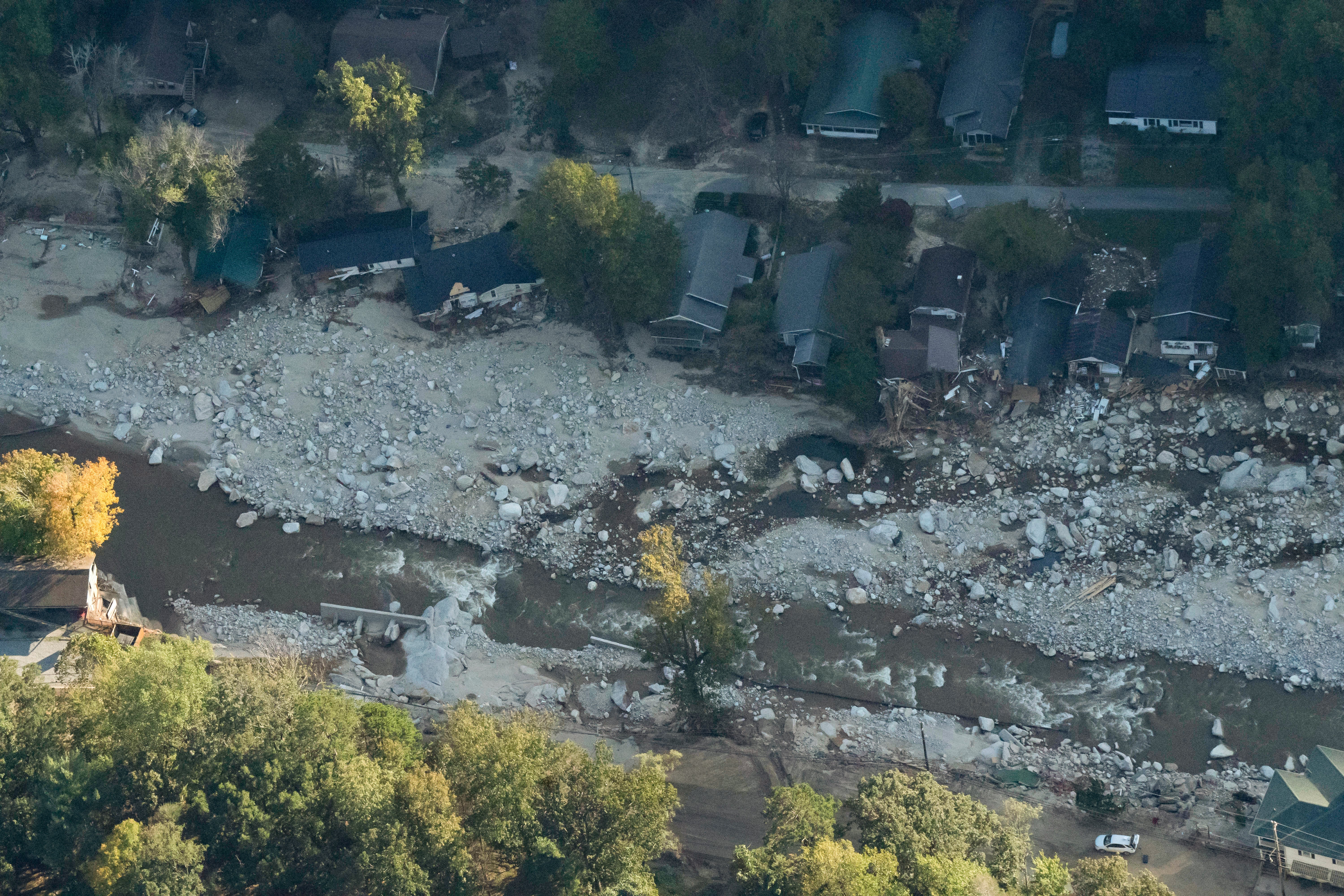 Devastation in Chimney Rock, North Carolina on October 7. The town’s representative had to issue a statement debunking false claims that the government engineered Hurricane Helene to seize lithium deposits in the small town