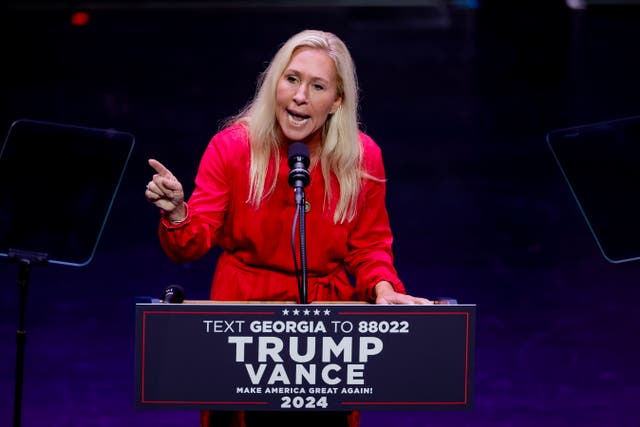 <p>Marjorie Taylor Greene says Kamala Harris is going to get Donald Trump killed, after the vice president addressed remarks reportedly made by her Republican rival about Adolf Hitler</p>