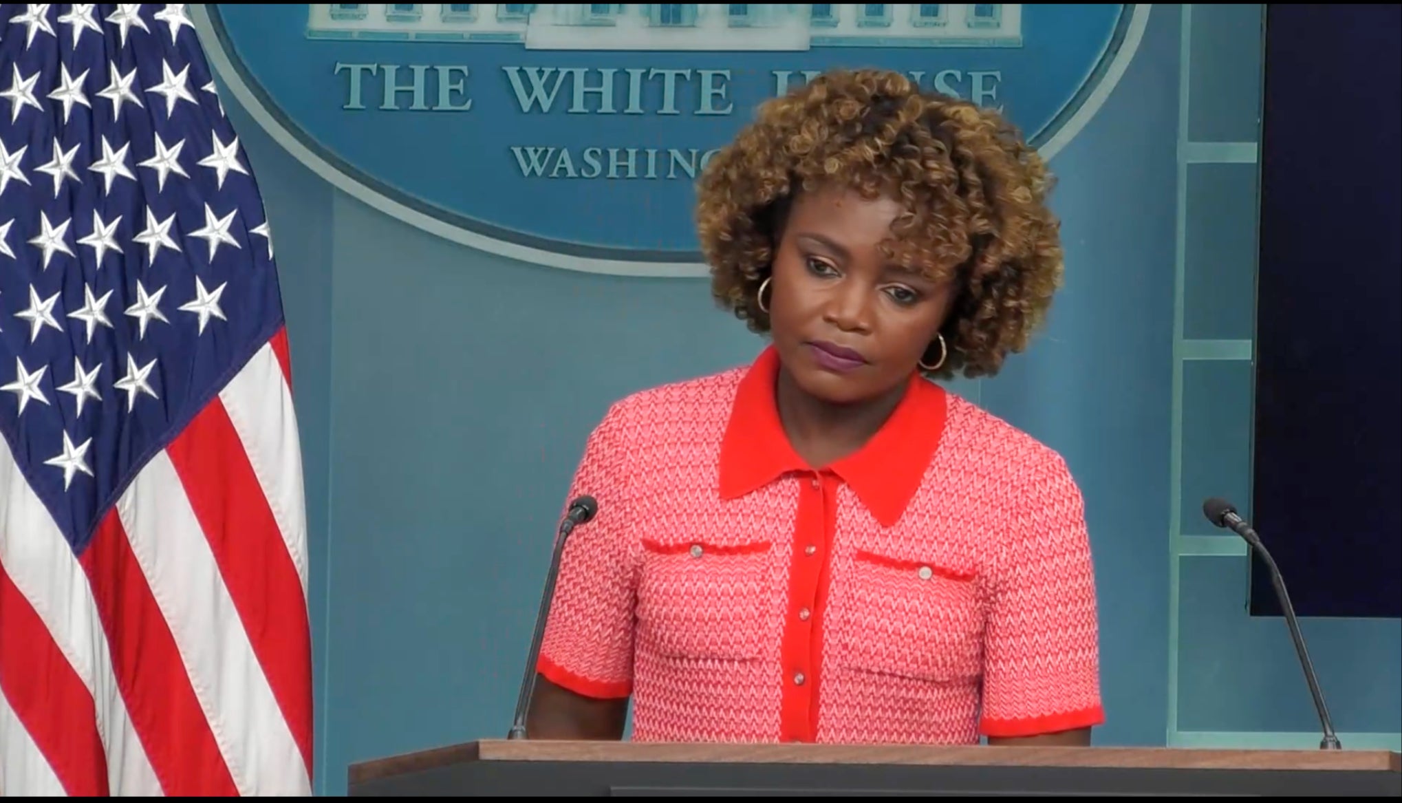 In this screen grab from a live video feed, White House Press Secretary Karine Jean-Pierre briefs reporters on October 9, 2024