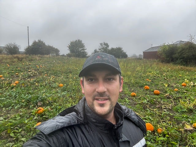 Chad Stevens and pumpkins, Horncastle Farm, Yorkshire