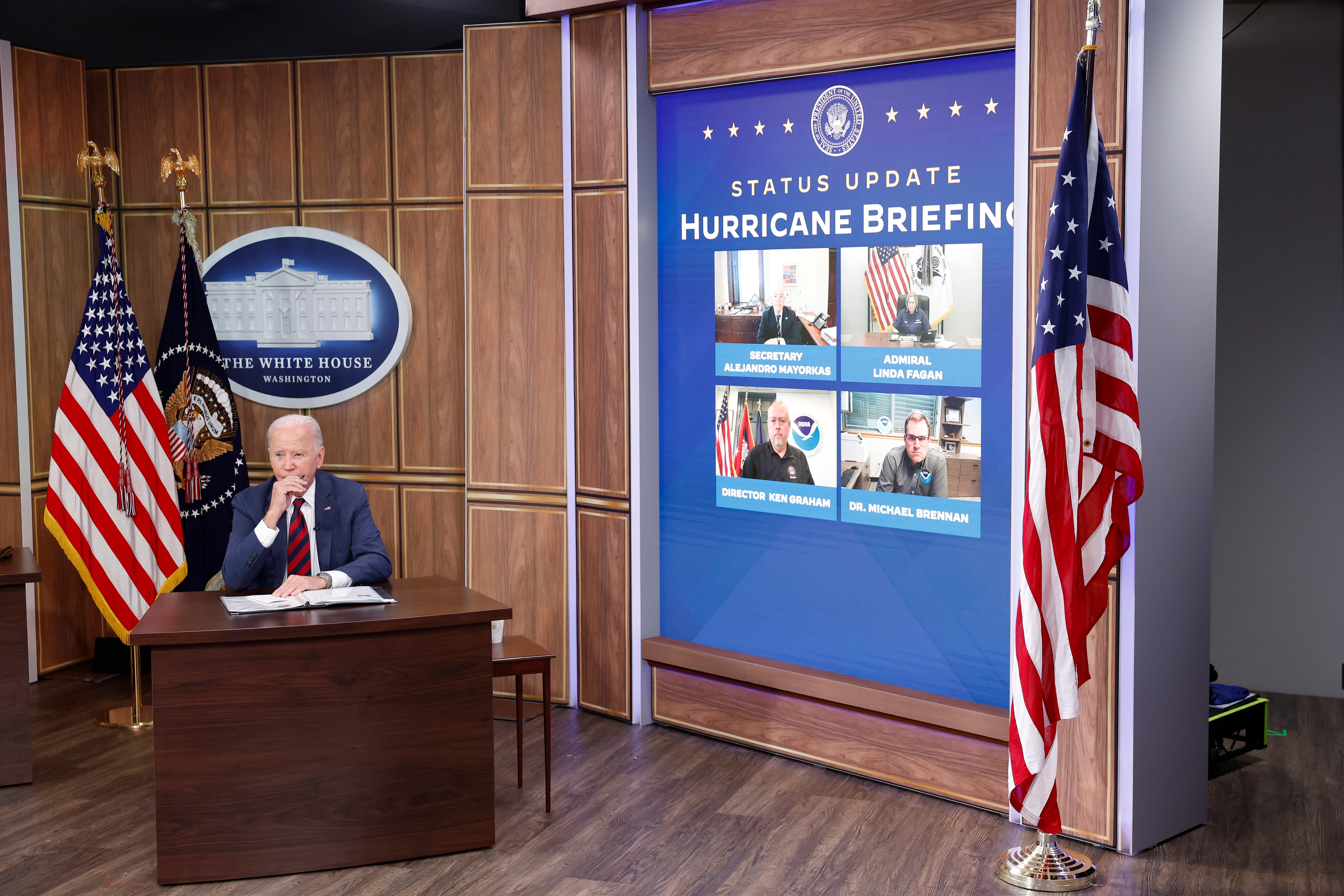 President Joe Biden listens during a briefing on hurricane relief efforts at the White House on October 9.