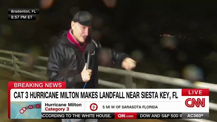 <p>CNN host Anderson Cooper gets hit by flying debris live on air while covering Hurricane Milton.</p>