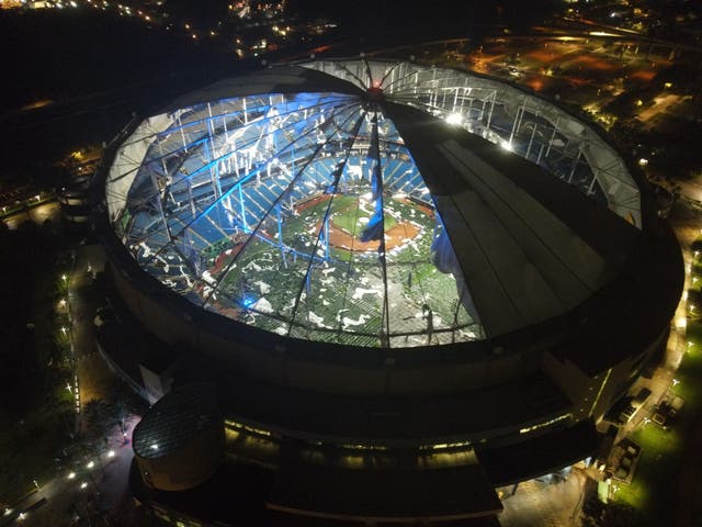 <p>Hurricane Milton ripped off the roof  of the Tropicana Field Stadium in St Petersburg </p>
