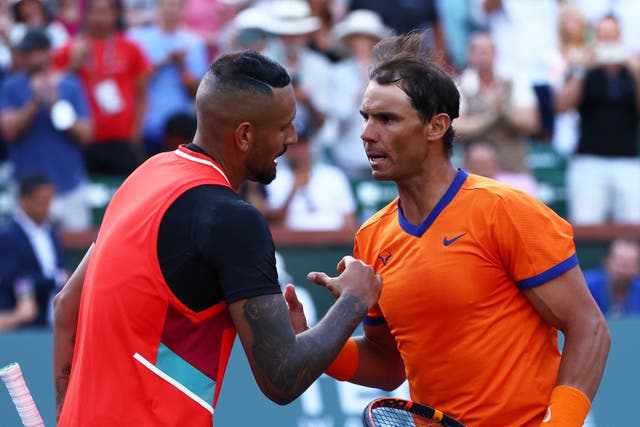 <p>Rafael Nadal embraces Nick Kyrgios at the BNP Paribas Open 2022</p>