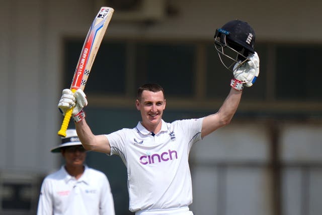 England’s Harry Brook celebrates after scoring double century during the fourth day of the first test cricket match between Pakistan and England, in Multan, Pakistan, Thursday, Oct. 10, 2024. (AP Photo/Anjum Naveed)