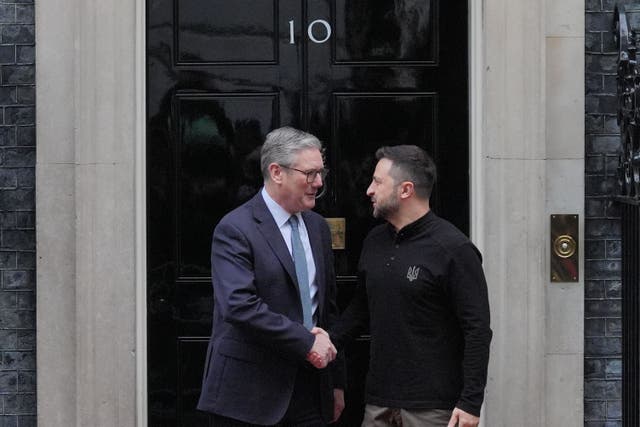 <p>Ukrainian president Volodymyr Zelensky is greeted by prime minister Sir Keir Starmer as he arrives in Downing Street on Thursday </p>