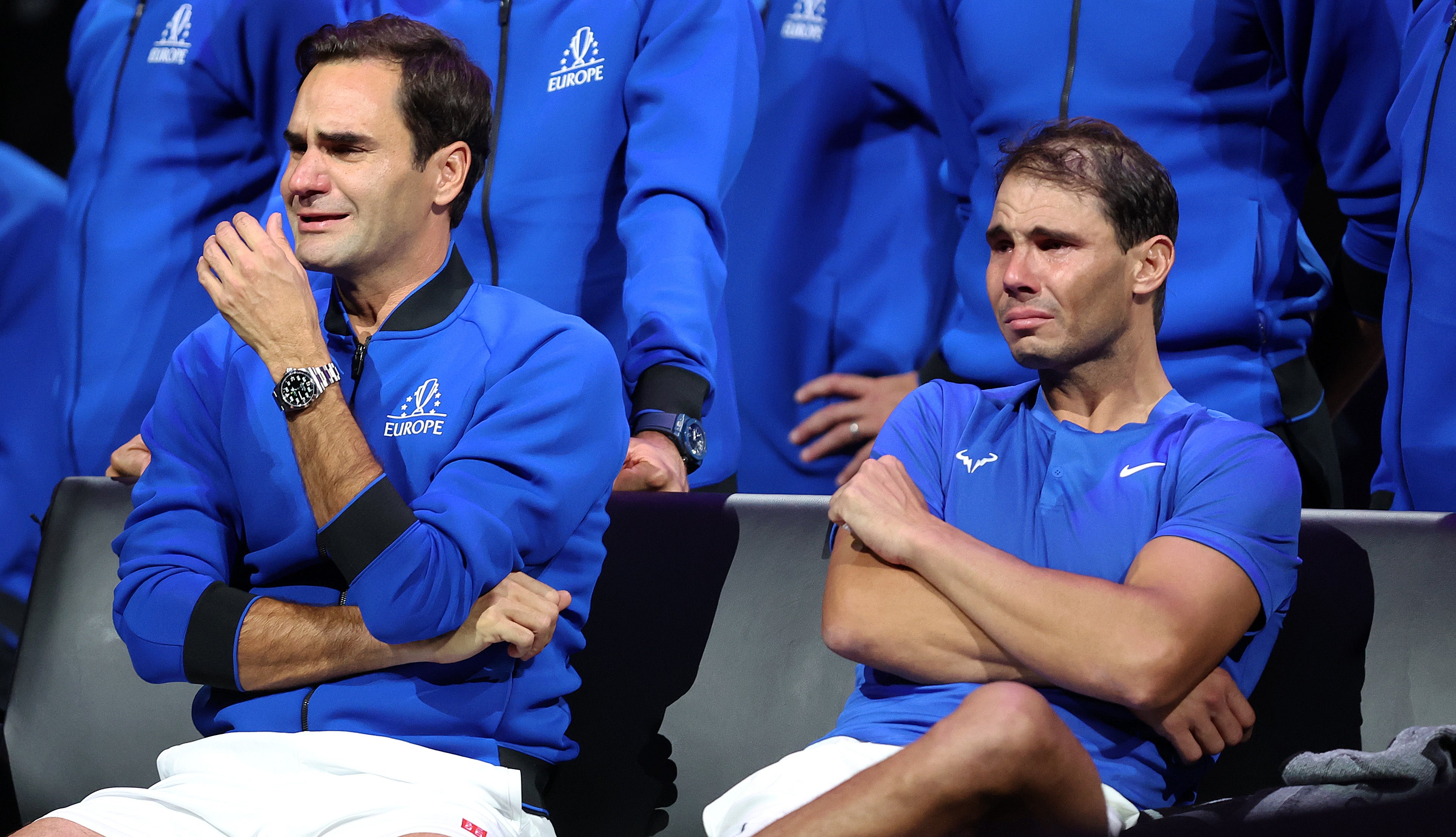 Nadal cries alongside Federer after the Swiss’ final match in 2022