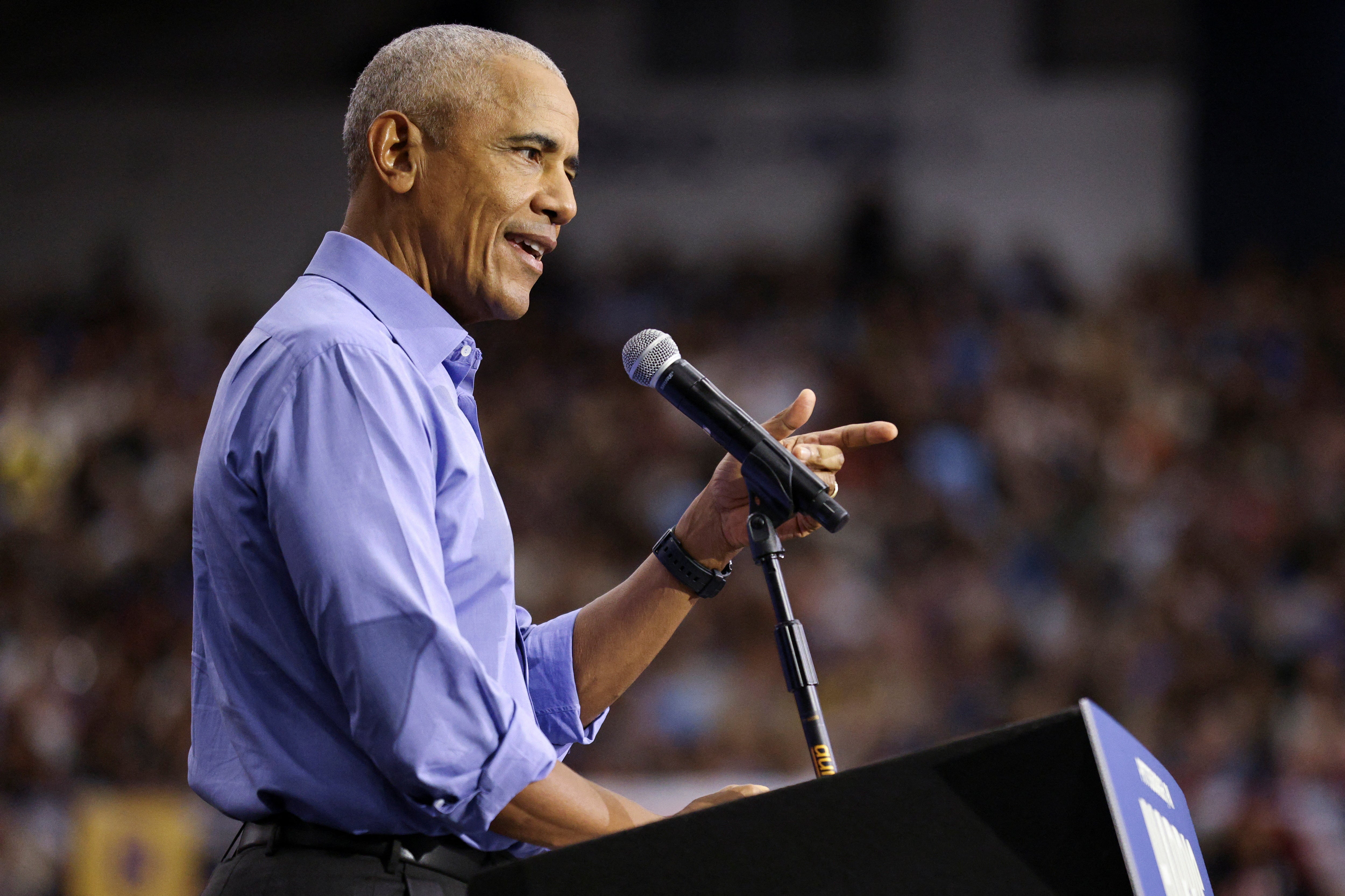 <p>Former U.S. President Barack Obama speaks during a campaign event in support of Democratic presidential nominee and U.S. Vice President Kamala Harris in Pittsburgh, Pennsylvania, U.S., October 10, 2024</p>