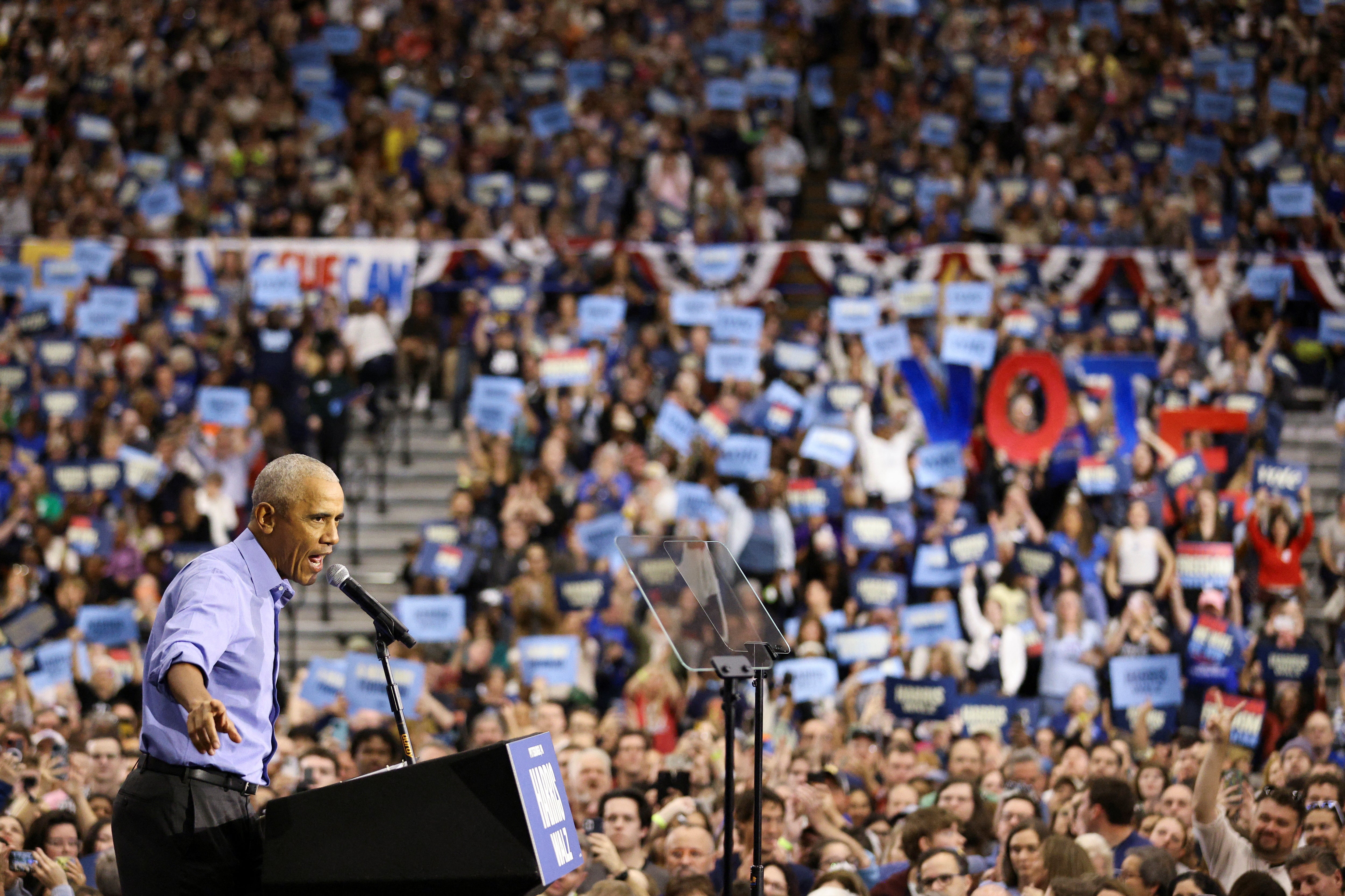 Barack Obama speaks at a campaign event for Kamala Harris in Pittsburgh