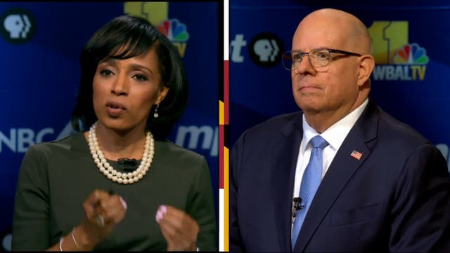 <p>Angela Alsobrooks and Larry Hogan faced off on Thursday in a debate in the Maryland US Senate race.</p>