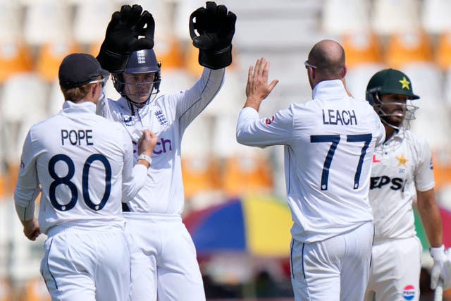 Jack Leach celebrates a wicket on the final day in Multan (AP Photo/Anjum Naveed)