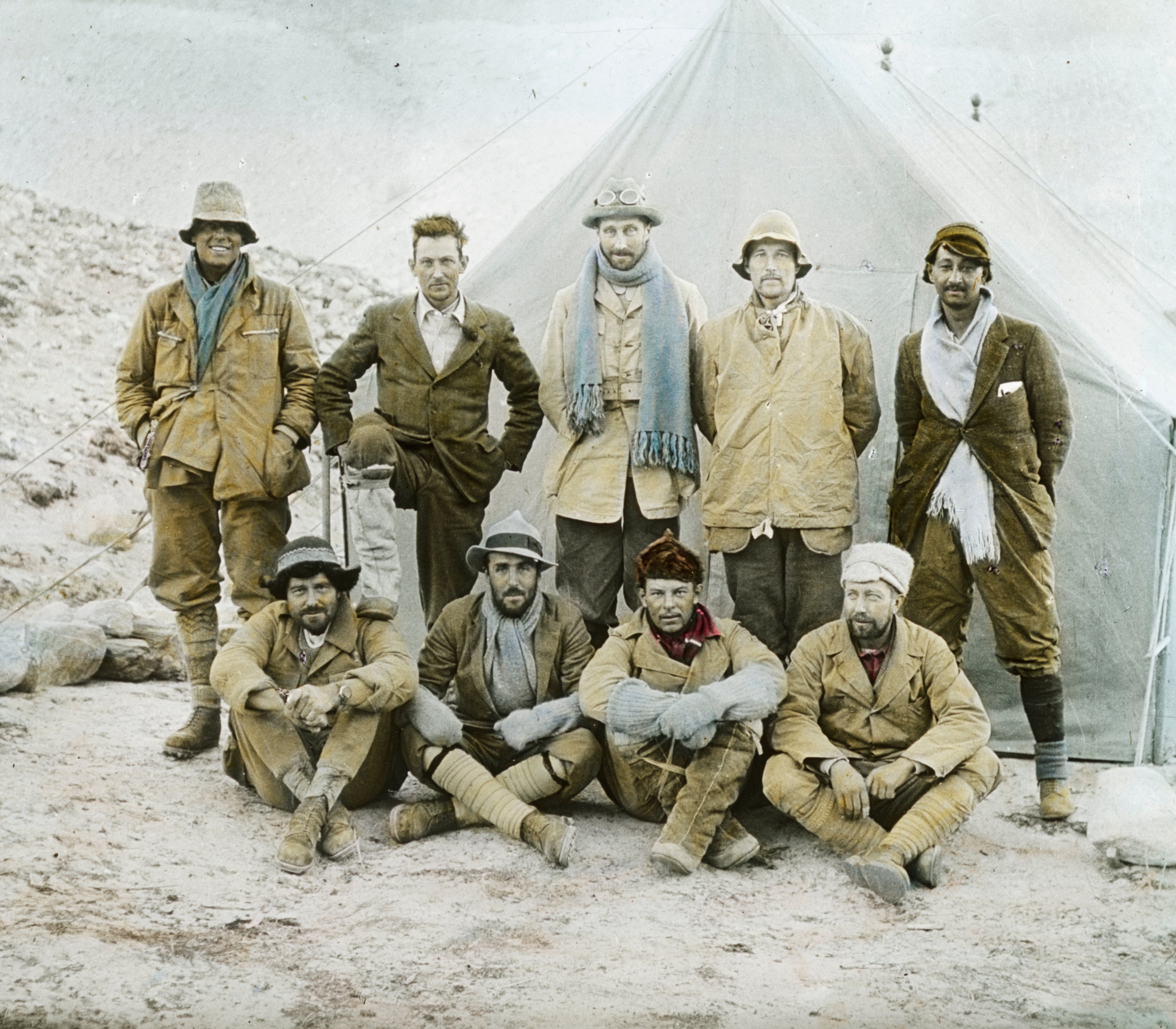 The 1924 Everest expedition. Back, from left: Sandy Irvine, George Mallory, Edward Norton, Noel Odell and John Macdonald. Front, from left: Edward Shebbeare, Geoffrey Bruce, Howard Somervell and Bentley Beetham