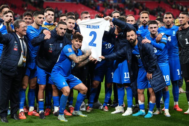 <p>Greece paid the best possible tribute to teammate George Baldock</p>