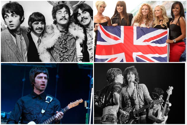 <p>L-R clockwise: The Beatles, the Spice Girls, The Rolling Stones and Noel Gallagher of Oasis</p>