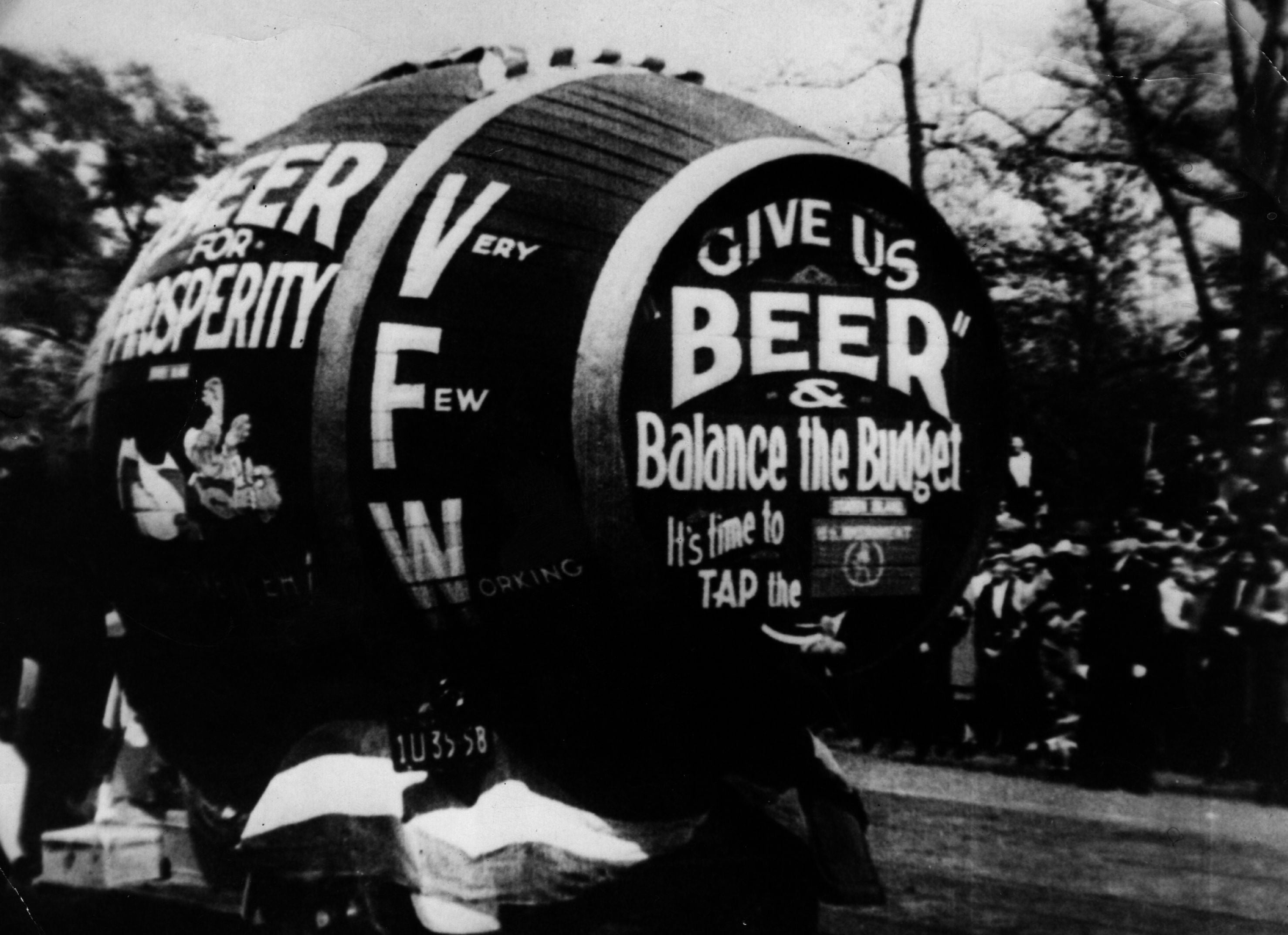 Cash on tap? A giant barrel of beer forms part of a demonstration against prohibition in 1920s America