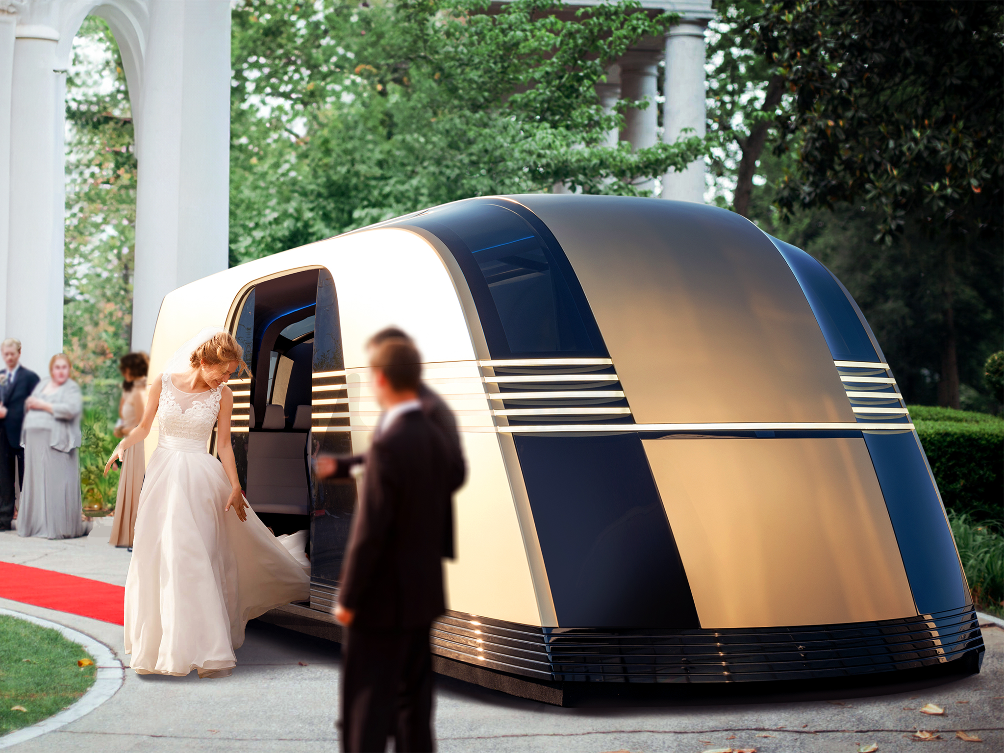 Musk claims Tesla’s self-driving van can seat up to 20 people, room enough for an entire bridal party according to this concept art.