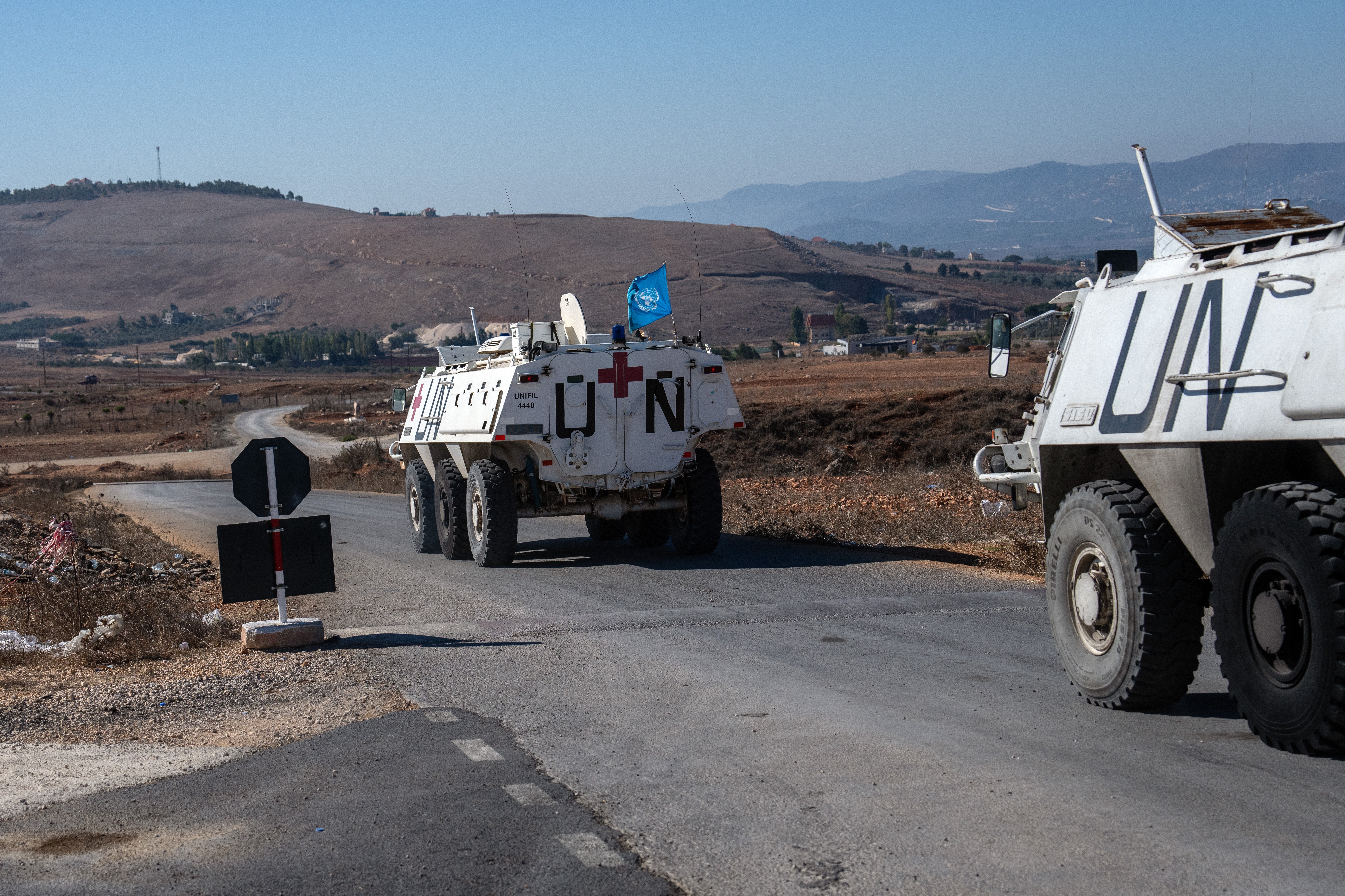 UNIFIL armoured personnel carriers leave a base to patrol near the Lebanon-Israel border on 5 October in Marjayoun, Lebanon