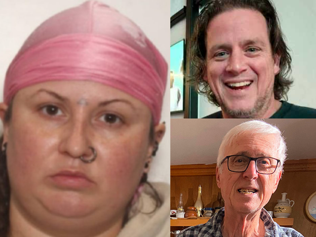 <p>Sabrina Kauldhar, 30, (left) is accused of killing Lance Cunningham, 47,  (top right), Mario Bilich, 77, (bottom right), and a woman believed to be in her 60s (not pictured) </p>