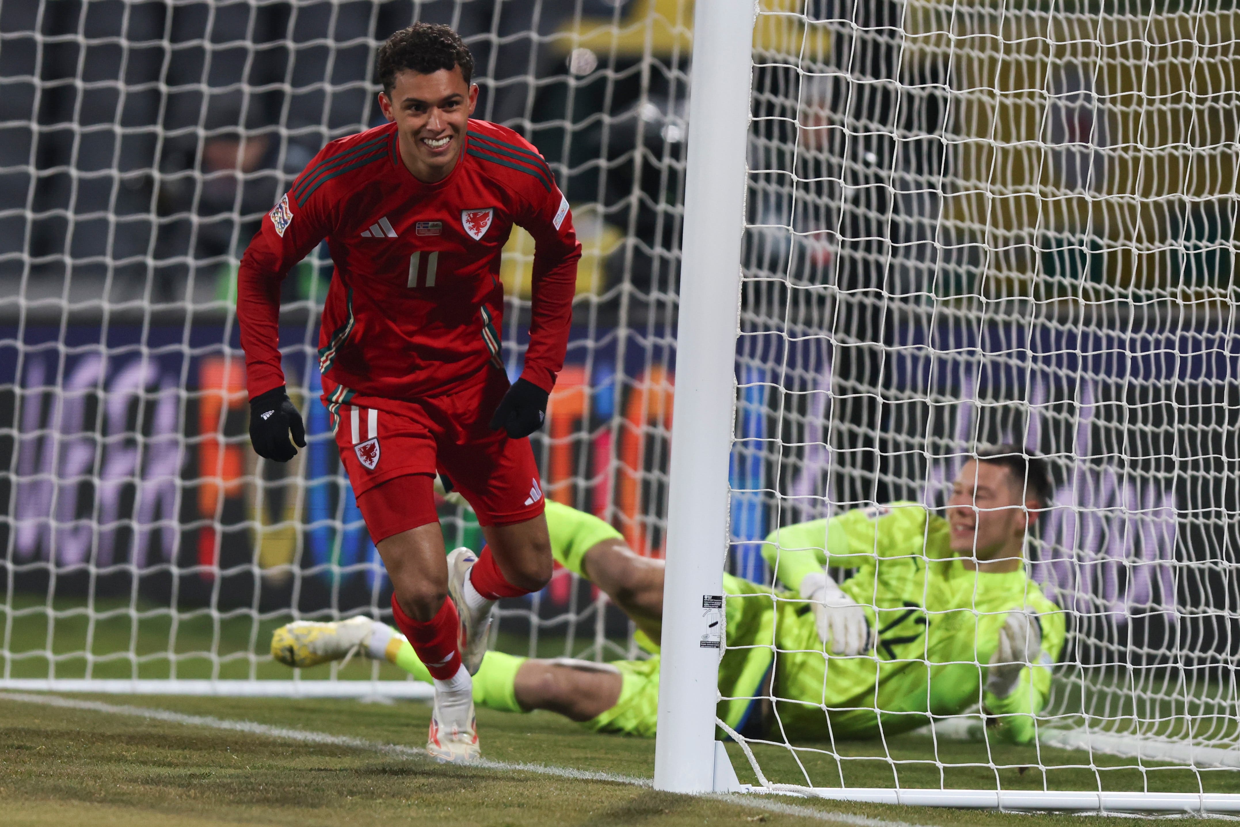 Brennan Johnson celebrates putting Wales ahead against Iceland (Arni Torfason/AP)