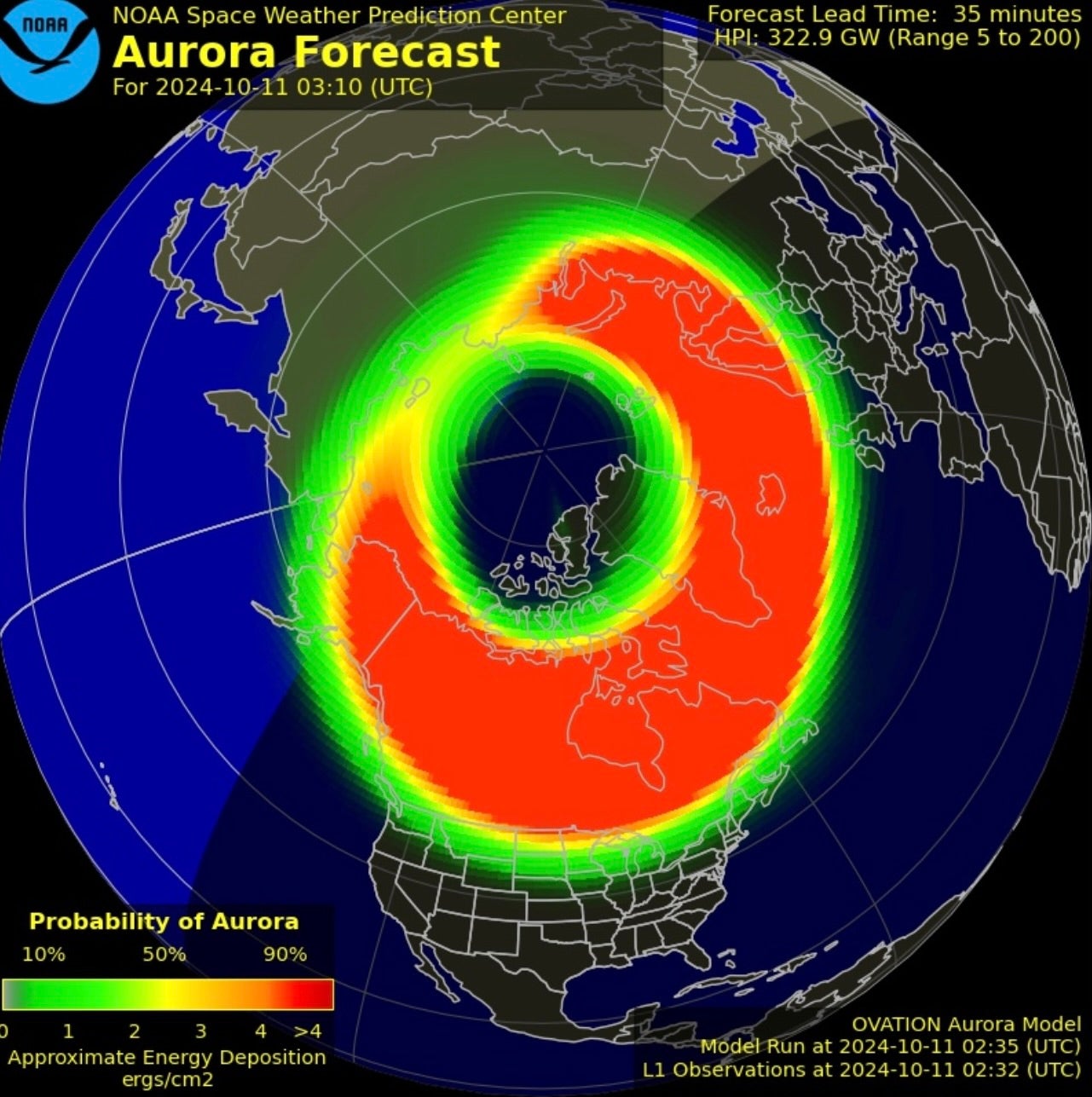 A NOAA Space Weather Prediction Center map shows the placement of the aurora borealis