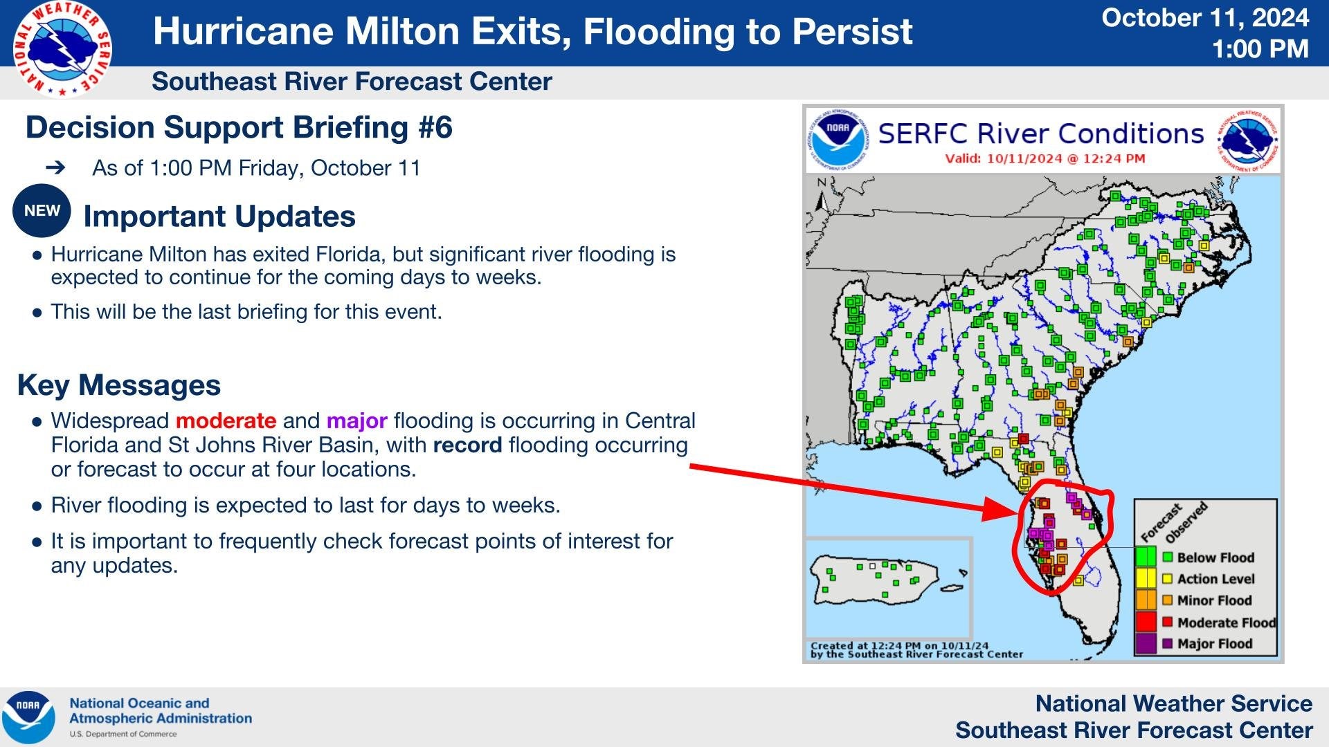 The map shows rivers with flood warnings