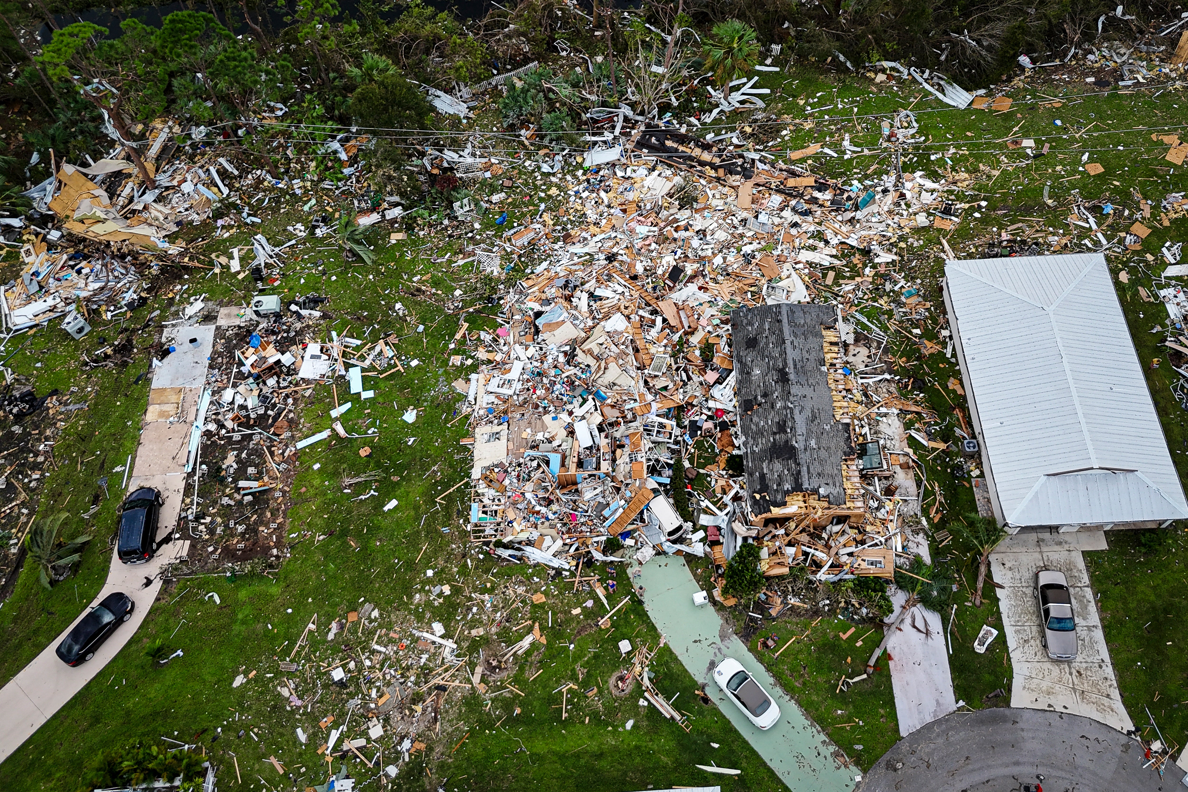 Aerial view of destroyed homes in Port St. Lucie, Florida, after a tornado struck the area and caused severe damage as Hurricane Milton swept across Florida