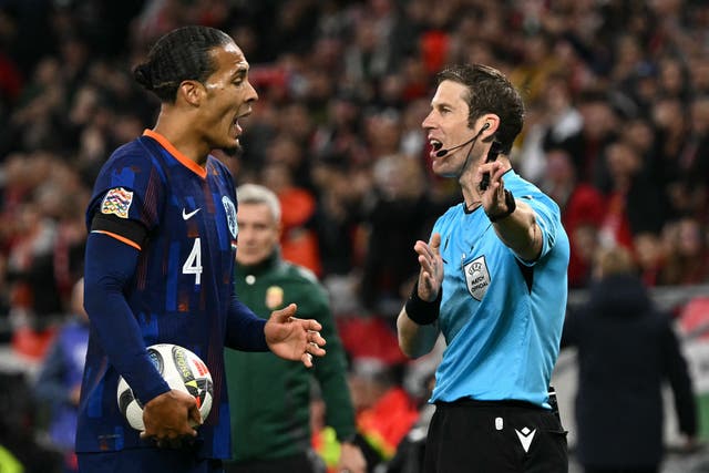 <p>Virgil van Dijk remonstrates with Swiss referee Lukas Faehndrich</p>