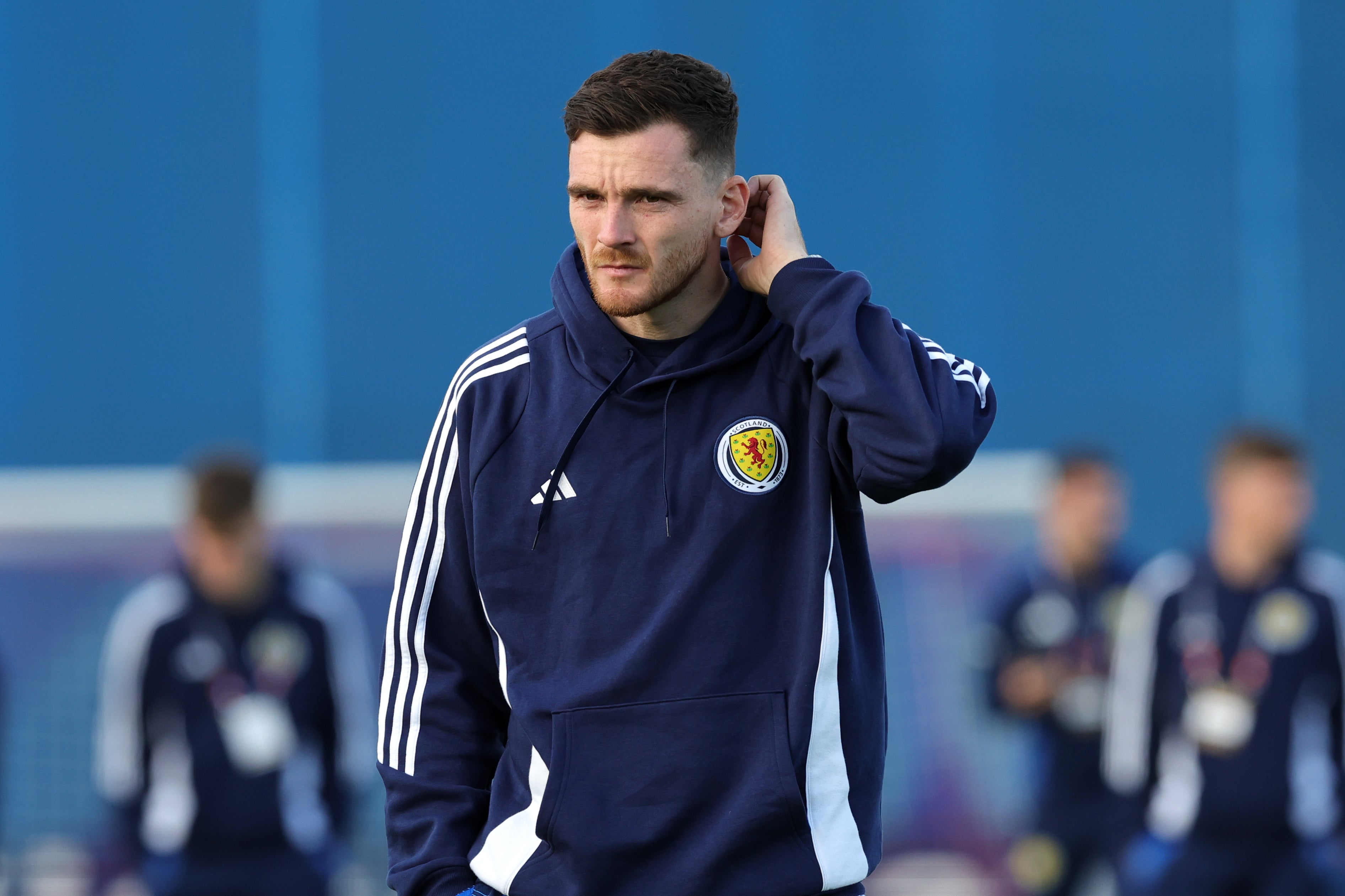 Andrew Robertson on the pitch before kick-off in Croatia