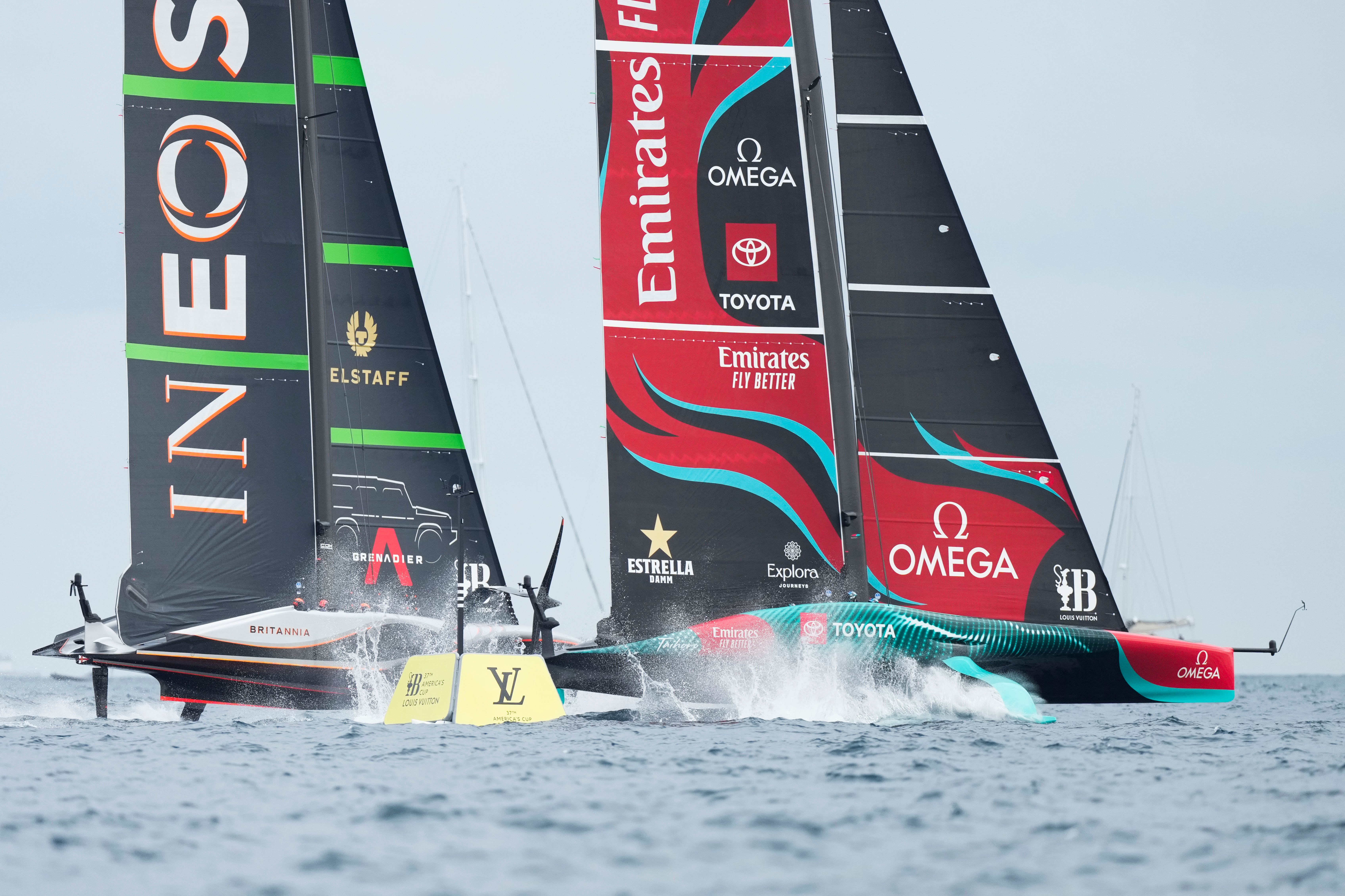 Ineos Britannia and Emirates Team New Zealand during the 37th America’s Cup (Bernat Armangue/AP)