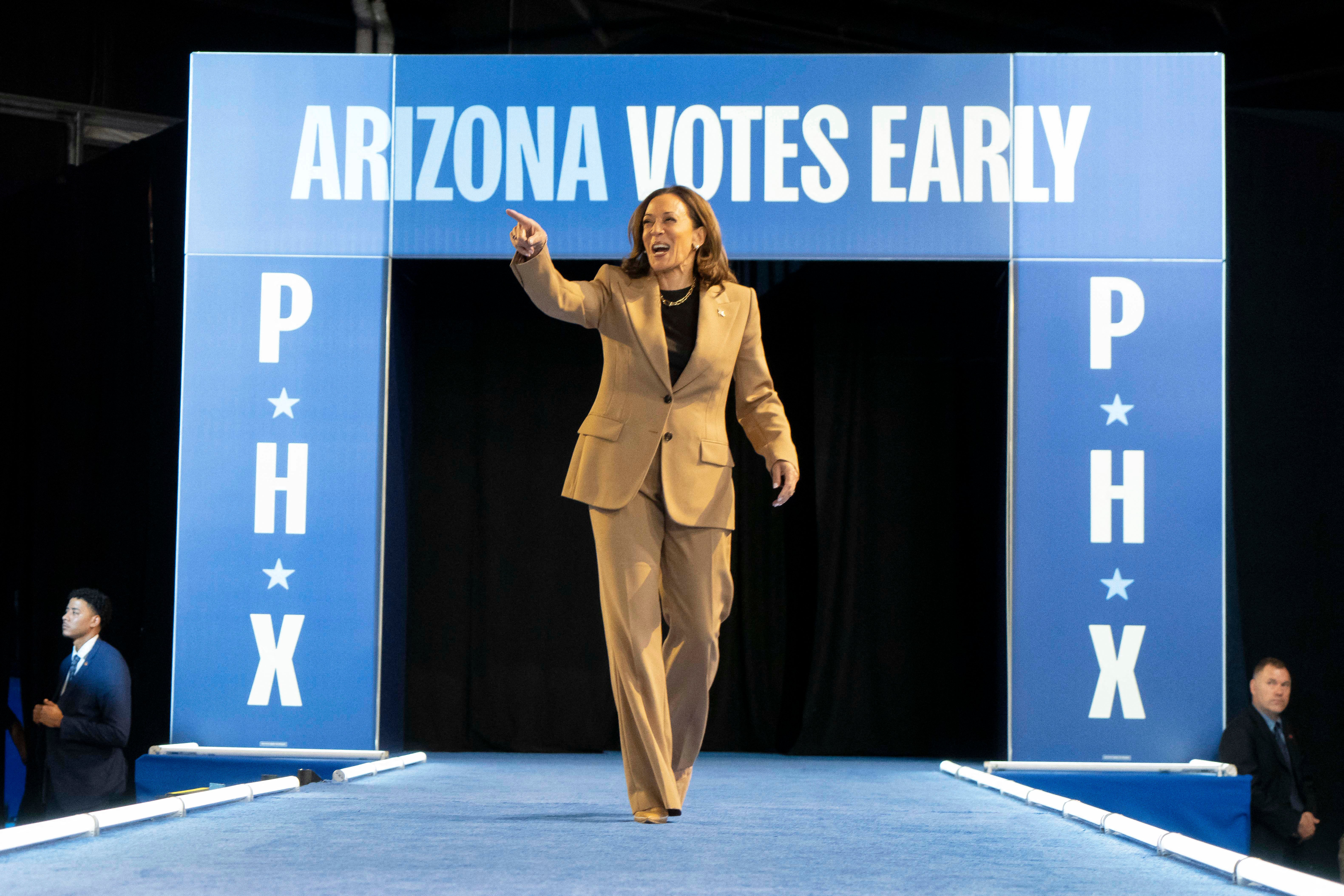 Kamala Harris arrives to speak during a campaign rally in Chandler, Arizona, on October 10