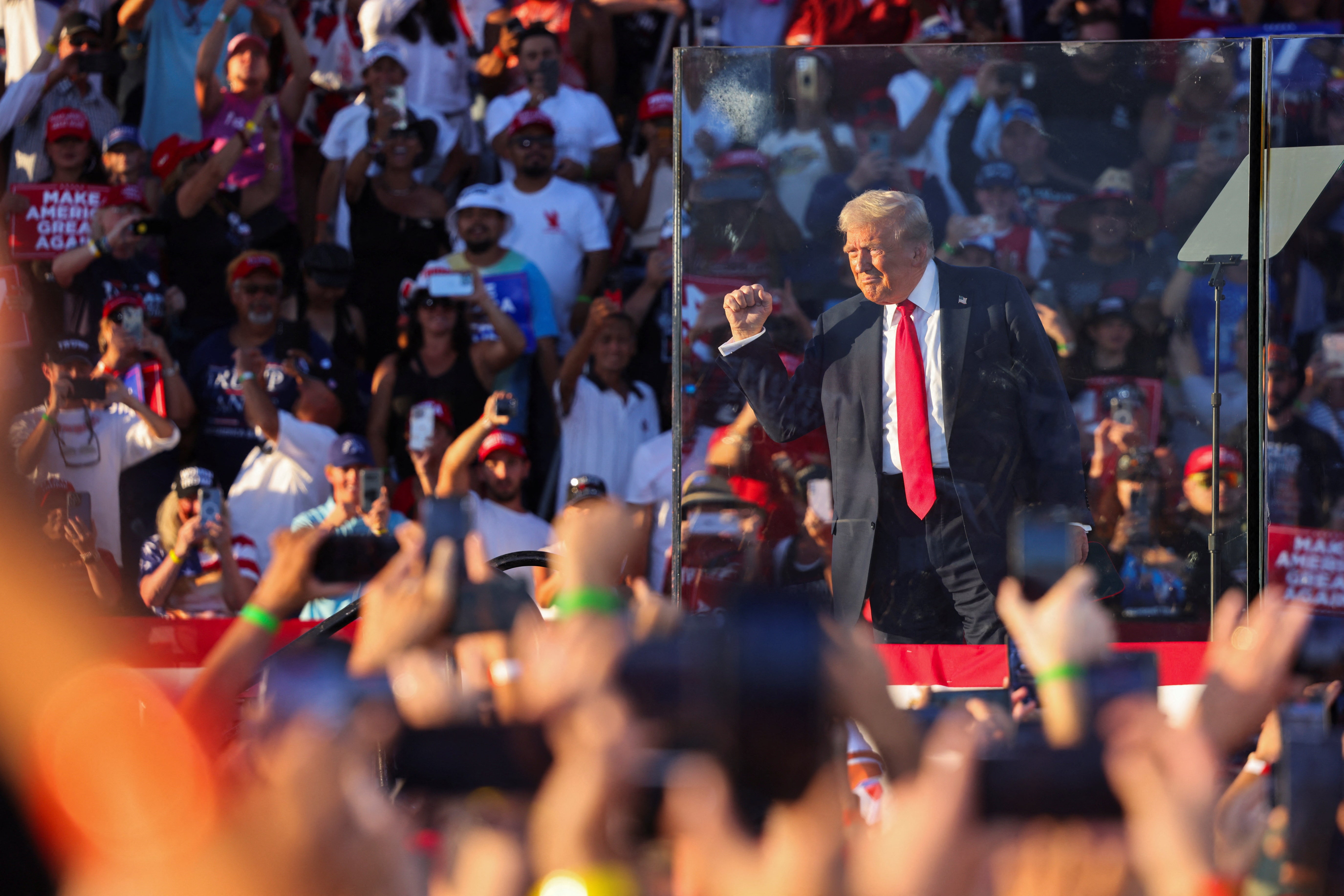 Republican presidential nominee and former U.S. President Donald Trump gestures during a rally in Coachella