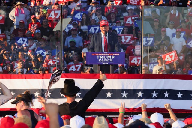 <p>Former President Donald Trump speaks during a rally in Coachella, California, U.S., October 12, 2024.  </p>