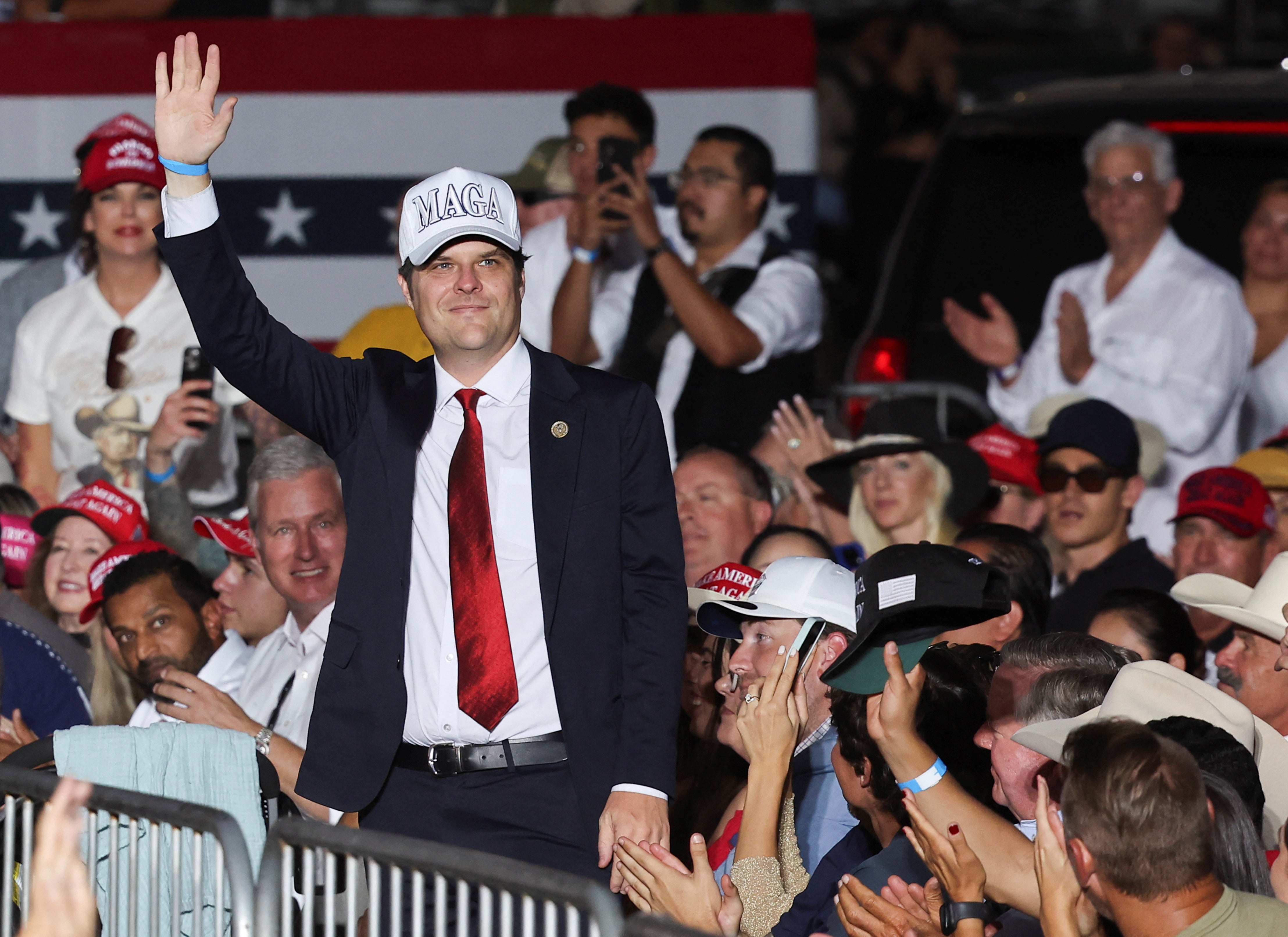 Representative Matt Gaetz (R-FL) wearing a MAGA hat attends a rally for Republican presidential nominee and former U.S. President Donald Trump, in Coachella, California