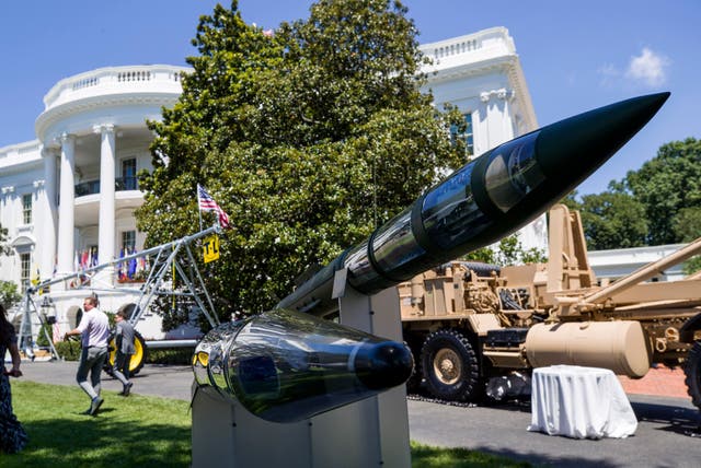 <p>A Terminal High Altitude Area Defense (THAAD) anti-ballistic missile defense system is displayed </p>