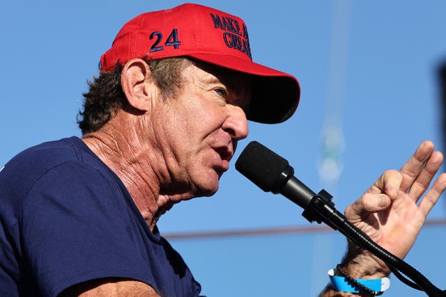 <p>Actor Dennis Quaid speaks at a campaign rally for Republican presidential nominee, former U.S. President Donald Trump on October 12, 2024 in Coachella, California. </p>