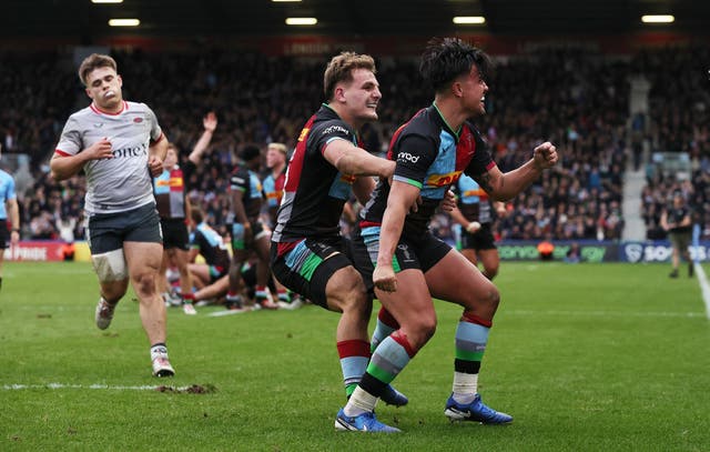 <p>Marcus Smith celebrates Harlequins’ win over rivals Saracens</p>