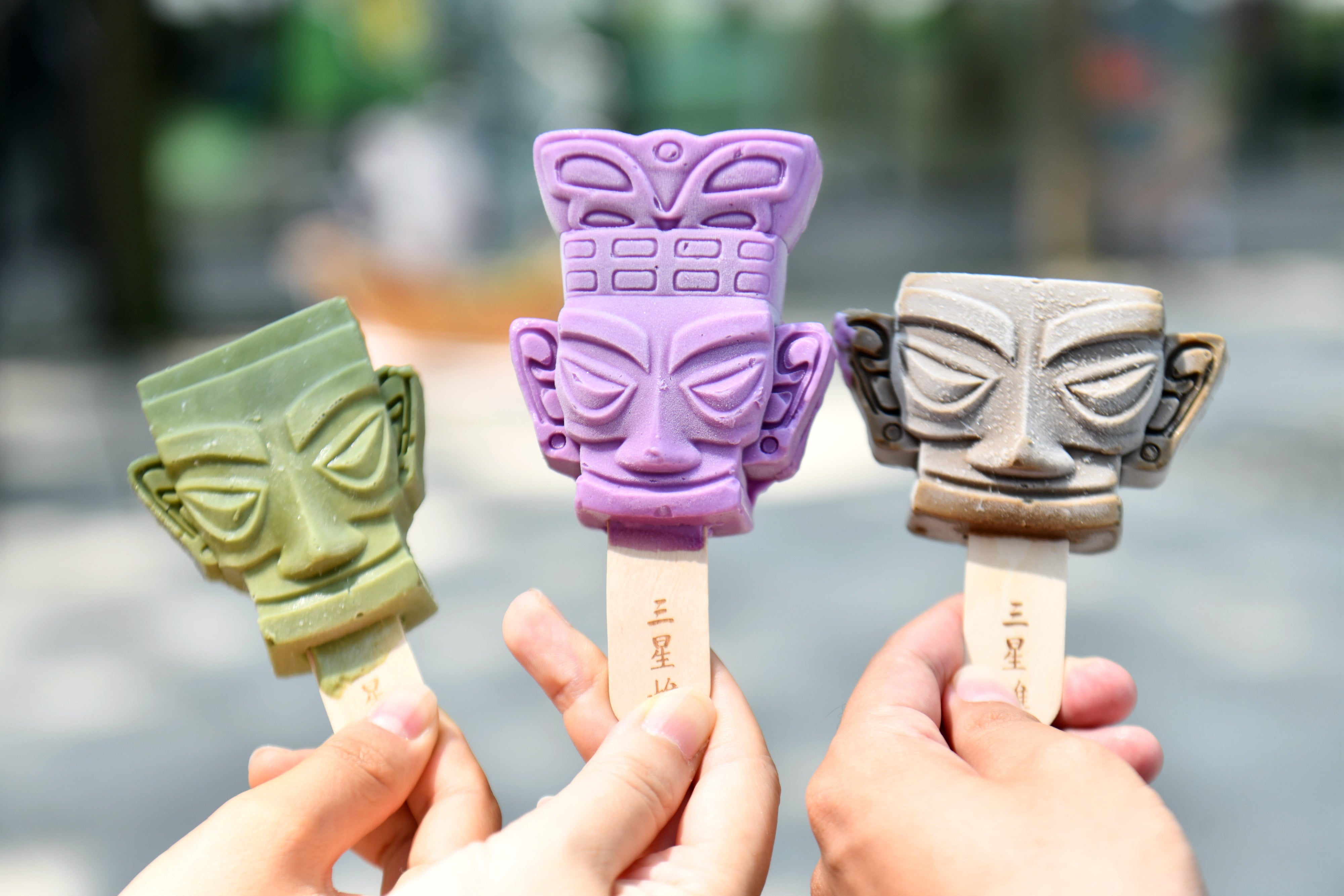 Ice creams replicating bronze masks at the Sanxingdui Museum in Guanghan, Sichuan province