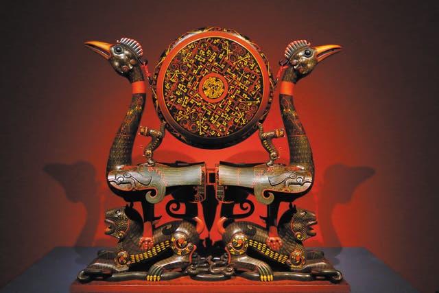 <p>A replica of a lacquer drum dating back more than 2,300 years on display at the National Museum of China in Beijing</p>