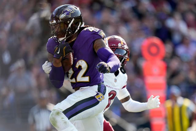 Baltimore Ravens running back Derrick Henry scores on a touchdown run during the win over the Washington Commanders (Stephanie Scarbrough/AP)