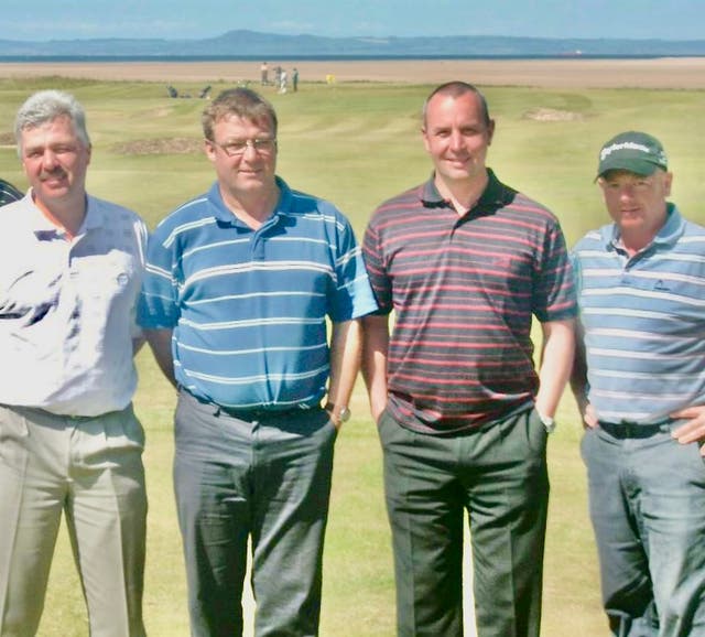 <p>Missing person: Stephen Jackson (second left) was unable to join his friends on the golf course in Spain due to an easyJet error</p>