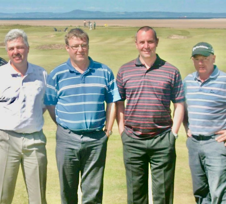 Missing person: Stephen Jackson (second left) was unable to join his friends on the golf course in Spain due to an easyJet error