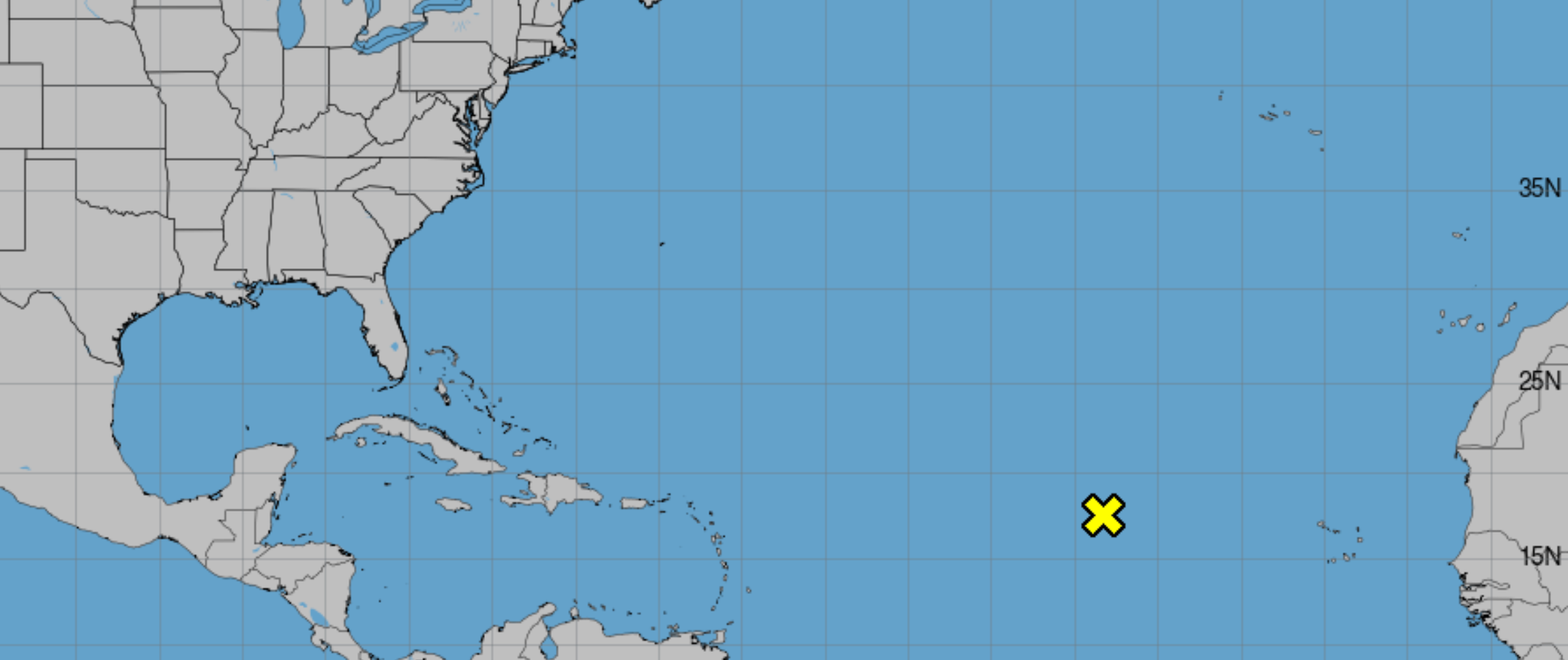 A map shows the disturbance the National hurricane Center is tracking over the Atlantic Ocean on Monday. It is too soon to know where the disturbance will go or how strong it could be, should it develop further into a tropical depression.