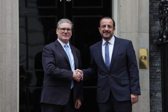 Prime Minister Sir Keir Starmer greets the President of Cyprus Nikos Christodoulides ahead of a bilateral meeting at 10 Downing Street in London (Ben Whitley/PA)