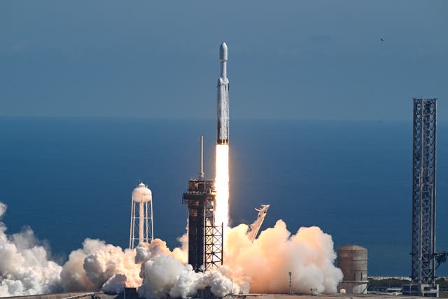 <p>A SpaceX Falcon Heavy rocket with the Europa Clipper spacecraft aboard launches from Launch Complex 39A at NASA's Kennedy Space Center in Cape Canaveral </p>