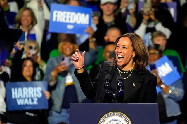 <p>Kamala Harris speaks to a crowd in Erie, Pennsylvania, on October 14.  She took aim at rival Donald Trump calling him “unhinged” </p>