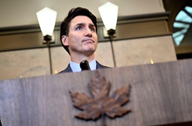 <p>Canadian prime minister Justin Trudeau listens to reporter's question during news conference on investigative efforts related to violent criminal activity occurring in Canada </p>