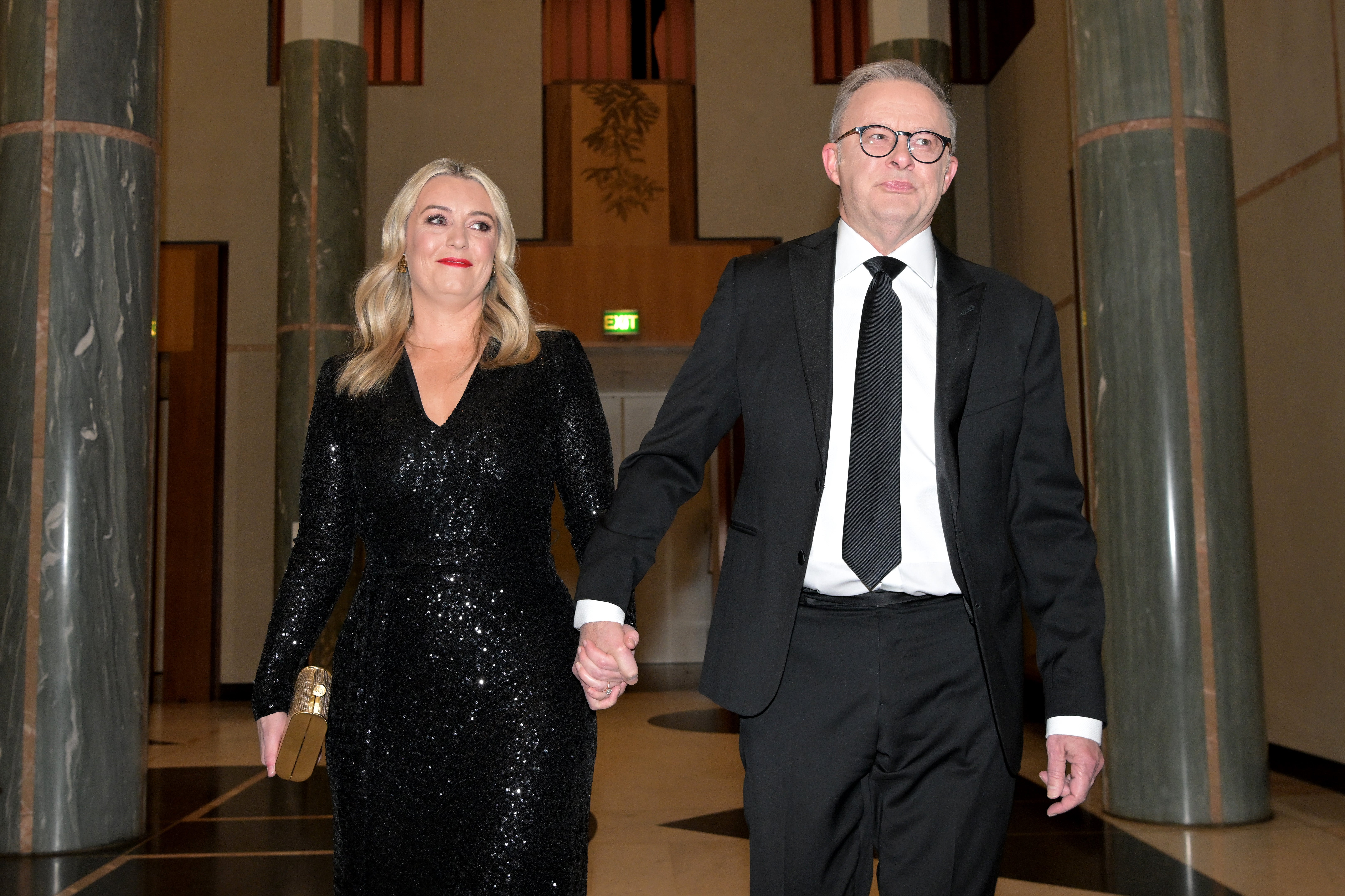 Anthony Albanese and partner Jodie Haydon arrive for the Midwinter Ball at Parliament House in Canberra, Australia, on 3 July 2024