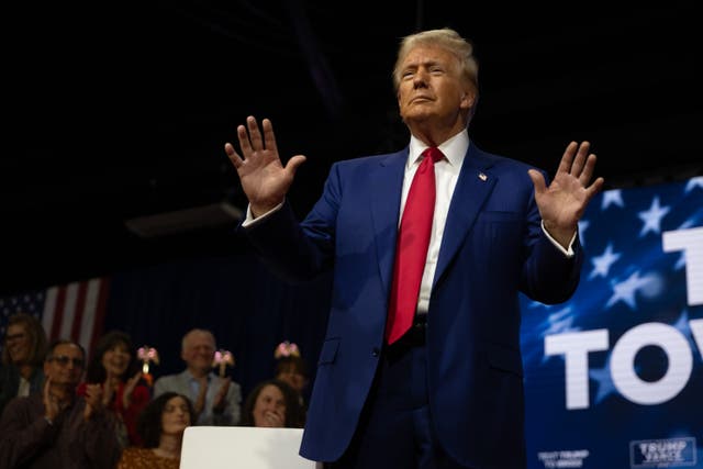 <p>Republican presidential nominee, former President Donald Trump, holds a town hall at the Greater Philadelphia Expo Center on October 14 in Oaks, Pennsylvania</p>
