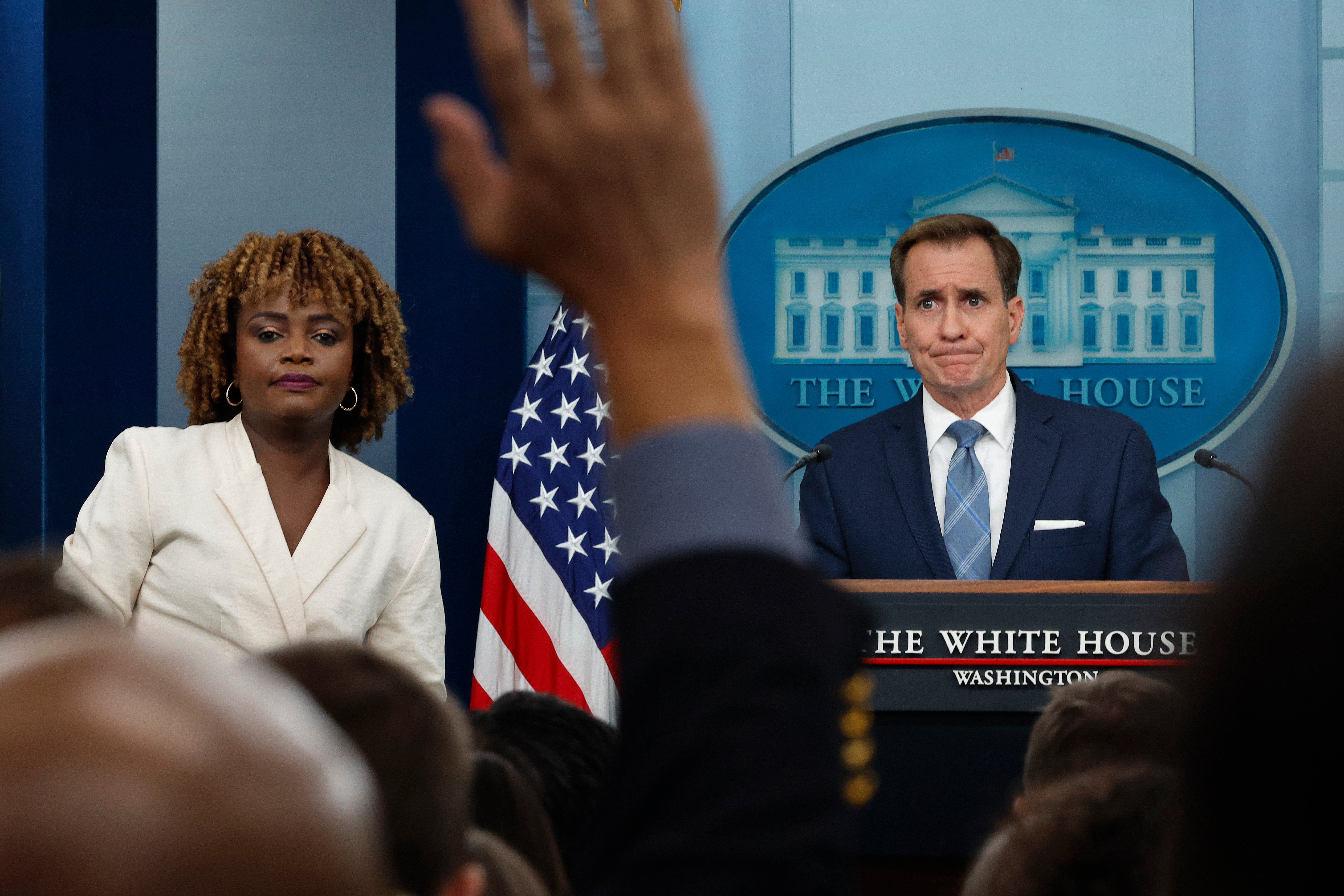 White House National Security Communications Adviser John Kirby (R) and White House Press Secretary Karine Jean-Pierre talk to reporters in the Brady Press Briefing Room at the White House on September 18, 2024 in Washington, DC. The pair have reportedly been at odds over briefing room access