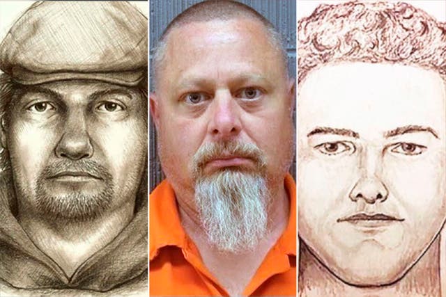 <p>A mugshot of Richard Allen, center, with criminal composite sketches. The first one, left, was released in 2017. A second, right, was released in 2019 </p>